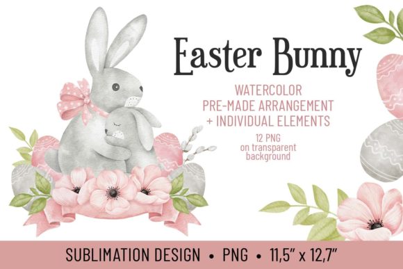 Watercolor Easter Bunny with Color Eggs