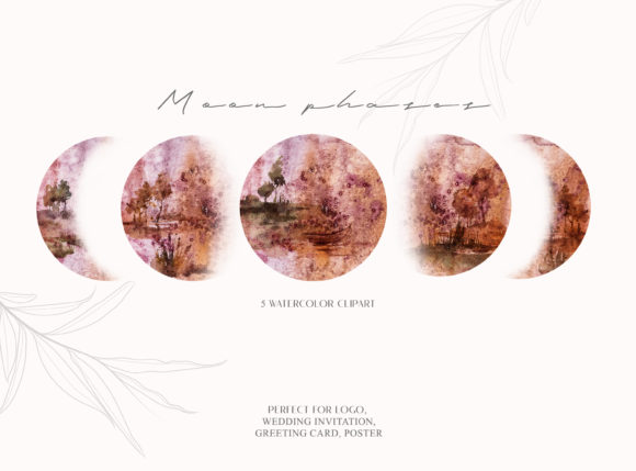 Watercolor Moon Phases Clipart: 5 PNG Set