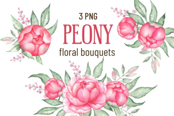 Watercolor Pink Peonies Floral Bouquets